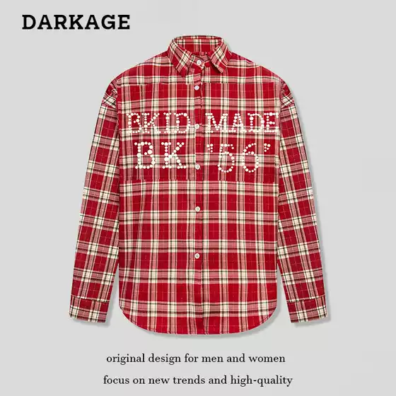 American Retro High Street Embroidered Red Plaid Long Sleeve Shirt Men's vintage Shirt West Coast Couple's Jacket