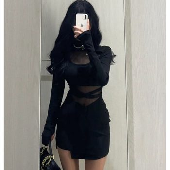 Thread chic mesh stitching pure desire style sweet hot girl waist slimming retro fried street niche hip bag dress