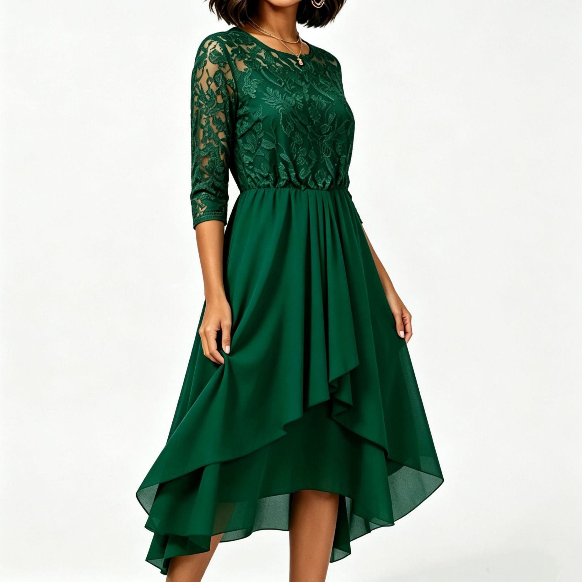 Lace Chiffon Dress Round Neck Irregular Hem Summer Style Perfect for Parties and Events Wholesale Available