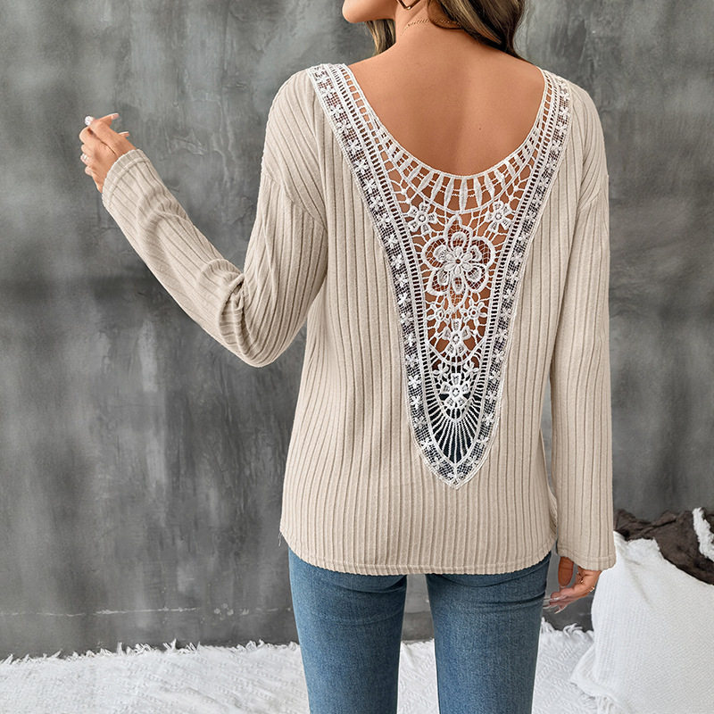 French Style Lace Back Hollow Out Top Ribbed Texture Relaxed Fit Elegant Design Perfect for Casual Outings