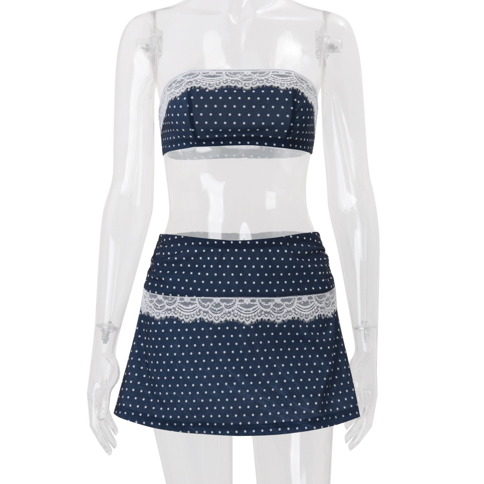 Womens Summer Set Elegant Polka Dot Design Lace Trim Strapless Top A Line Skirt Perfect for Vacation Wholesale