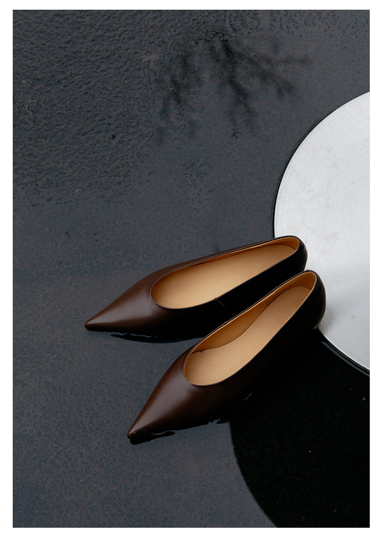 Giày cao gót nữ mũi nhọn gót thô 3cm da bò thật, giày slip-on thanh lịch dễ phối đồ — Chu Guli, Màu trà sữa, màu xanh mờ