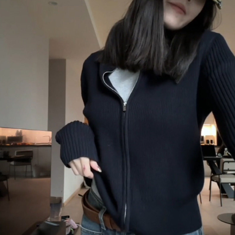 【黑标系列 极简风 韩单客订柔软美丽诺羊毛双开拉链针织衫女时髦