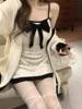 Pure Lust Style Bow Suspender Skirt Waist-Covering Hip Dress Women's Autumn and Winter Sweater Cardigan Jacket Two-Piece Suit