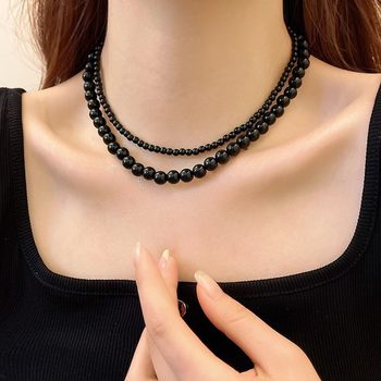 Black Glass Pearl Feve Same Style Necklace Women's Light Luxury Imitation Pearl Necklace Chain Elegant Elegant Clavicle Chain