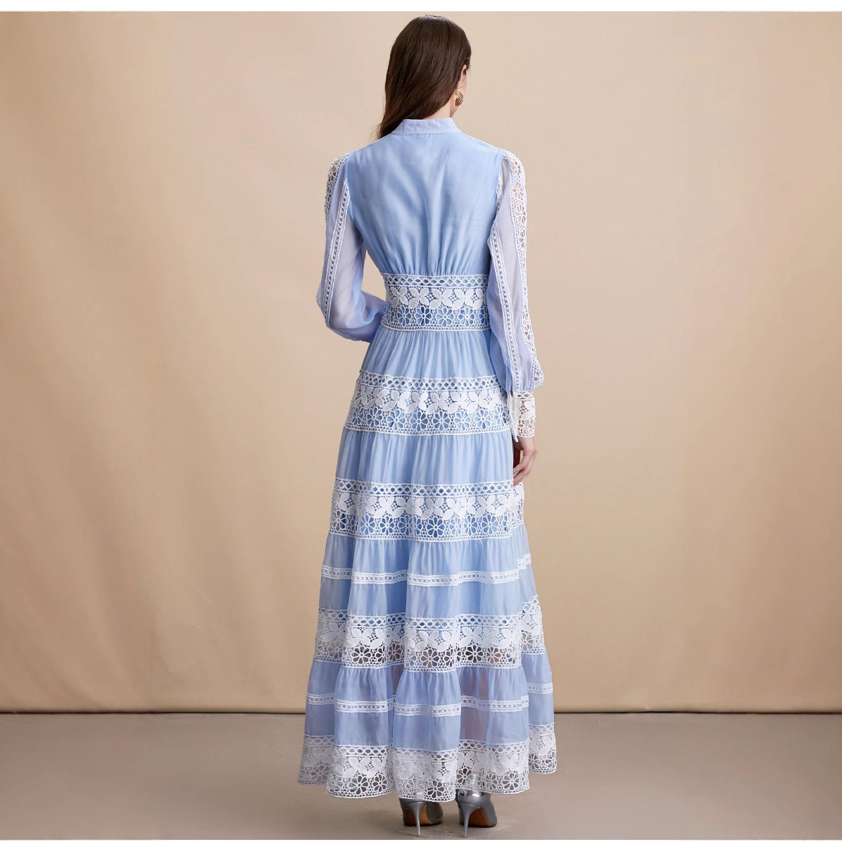 Elegant V Neck Lantern Sleeve Dress Stunning Lace Paneling Waist Defining Autumn Fashion Wholesale Available
