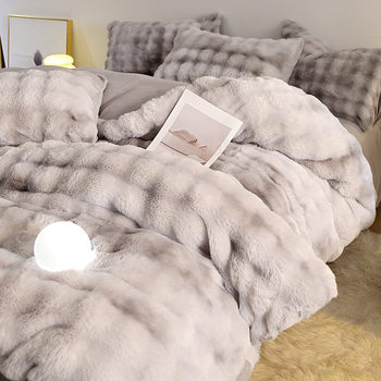 Popular Rabbit Plush Autumn and Winter Thickened Warm Four-Piece Set Velvet Bubble Milk Velvet Three-Piece Set Bed Sheet Quilt Cover Direct Sale
