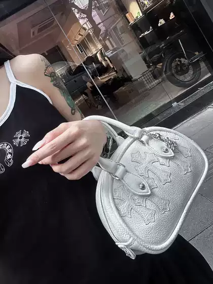 Genuine Leather Bowling Bag Embossed Cross Top Layer Cowhide Handbag Vintage Shoulder Crossbody Pillow Small Bag for Women