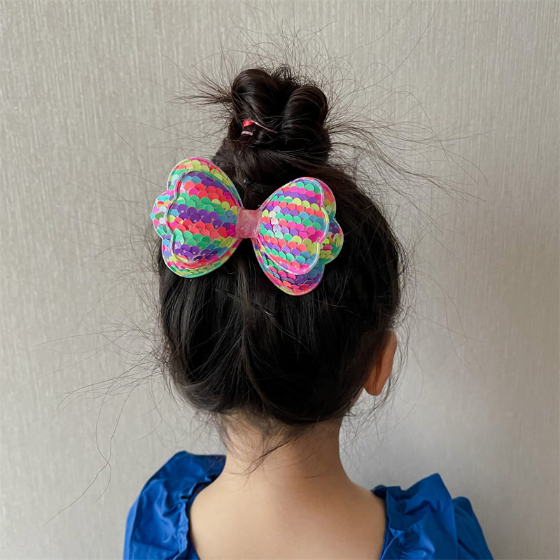 Children's Hairpin Korean-style Double-layer Bow Sequin Girl's Performance Side Clip Girl's Meatball Head Cute Sweet Hairpin