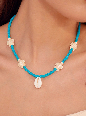 亚马逊新款波西米亚风多层天然贝壳项链女时尚米珠项链锁骨链套装