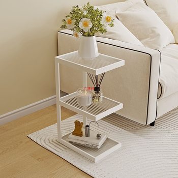Living Room Sofa, Household Floor-Standing Storage Rack, Extremely Narrow Bedside Table, Light Luxury Storage Rack, Side Table, Cream Style Glass Corner Table