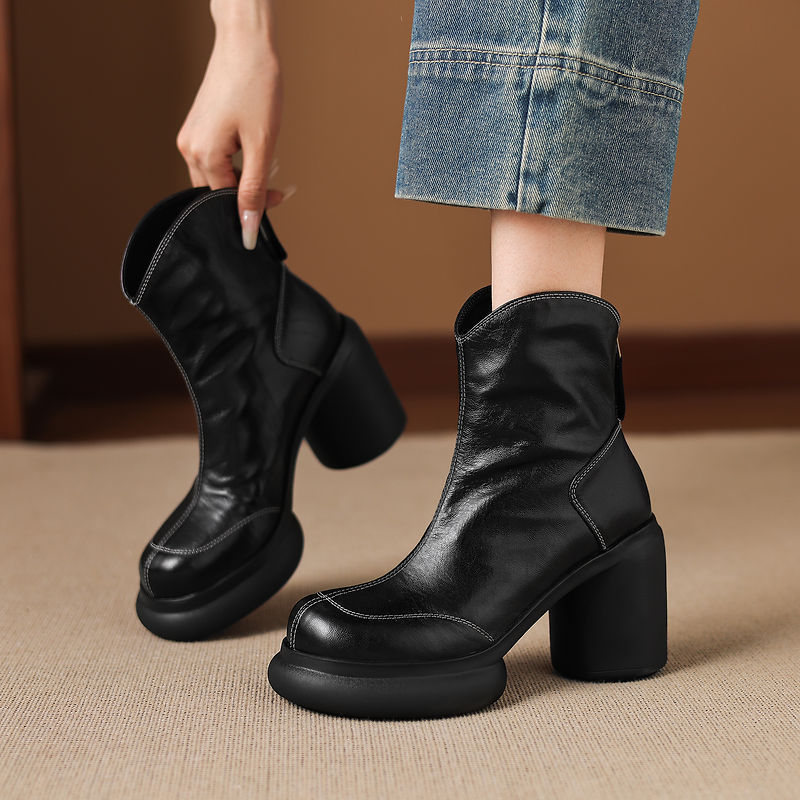 Boot nữ cổ ngắn da cừu gót thô khóa kéo sau — Lớp lót đơn màu đen, Lớp lót đơn màu nâu, Lót nhung đen, Lót nhung màu nâu