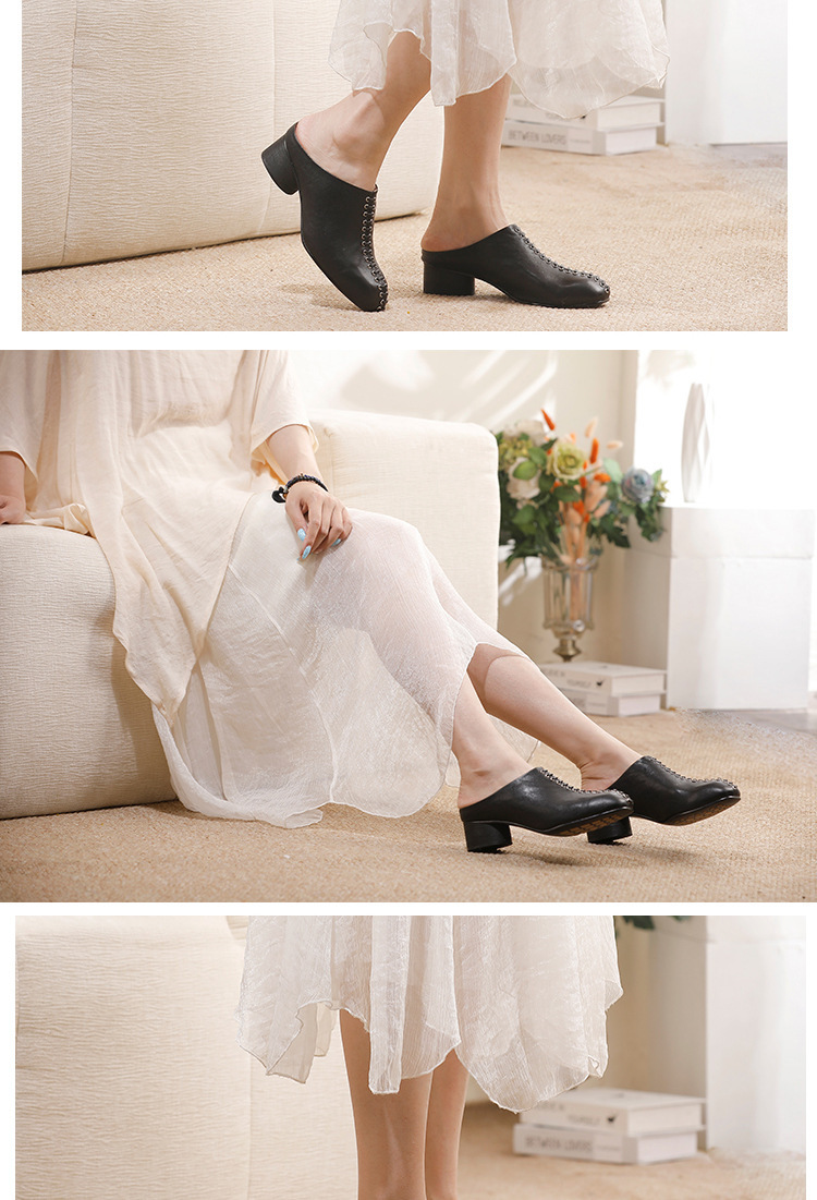 Sandal nữ gót thô bọc mũi da bò thật đế êm phong cách cổ điển — màu đen