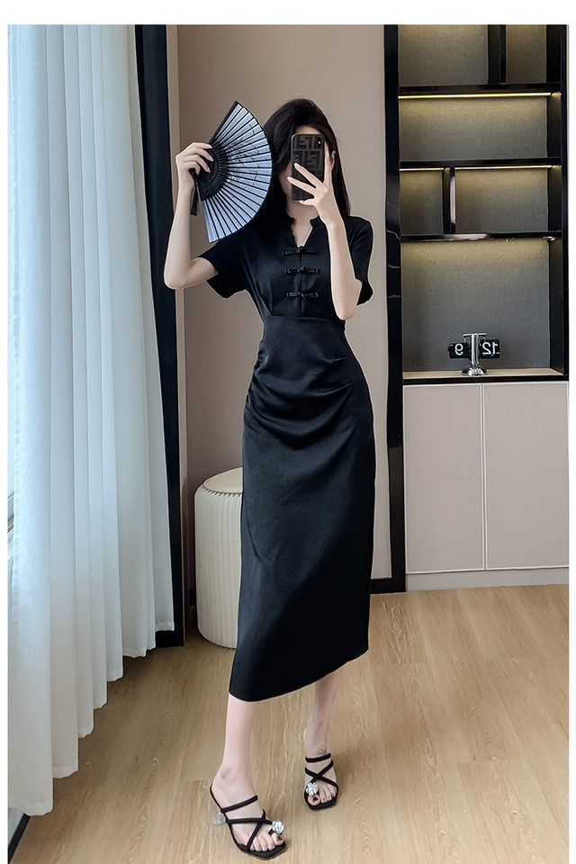 Váy Đầm Nữ Dáng Ôm Chiết Eo Phong Cách Trung Hoa Cổ Điển Màu Đen chi tiết 11