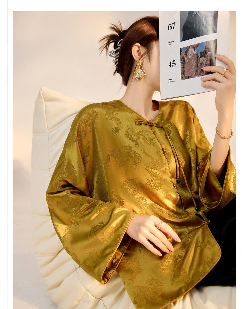 Áo khoác nữ dáng thanh lịch họa tiết rồng dập nổi chất liệu acetate cao cấp