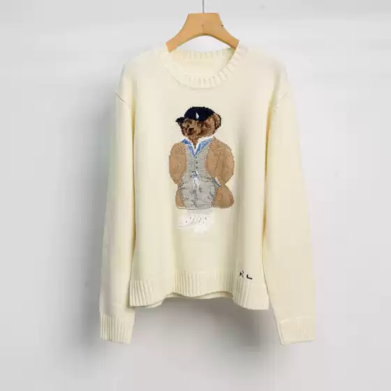 High-Quality Qr Code-Scannable R-L Bear Sweater, Cashmere Round-Neck Loose-Fitting Old Money Retro Casual Long-Sleeve Knitwear