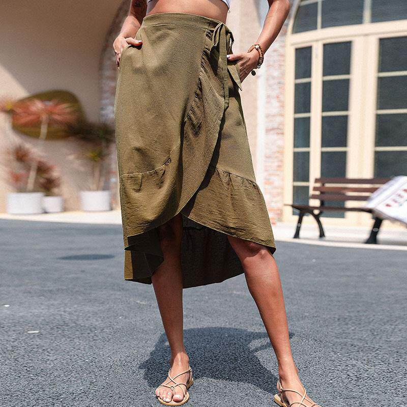 Cotton Linen Ruffle Hem Skirt Solid Color Summer Style Womens Fashion Wholesale Available factory direct