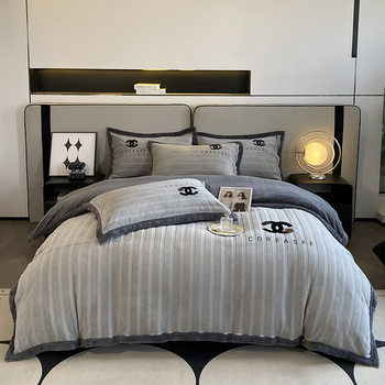 Cross-Border High-Weight Embroidered Edge Naked Sleeping Milk Velvet Four-Piece Set Winter Warm Bed Sheetss and Bedding Wholesale