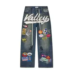 European and American Cross-Border Patchwork Beaded Appliqué Jeans for Men, Trendy Brand, Aliexpress Foreign Trade, Drawstring Loose Denim Pants