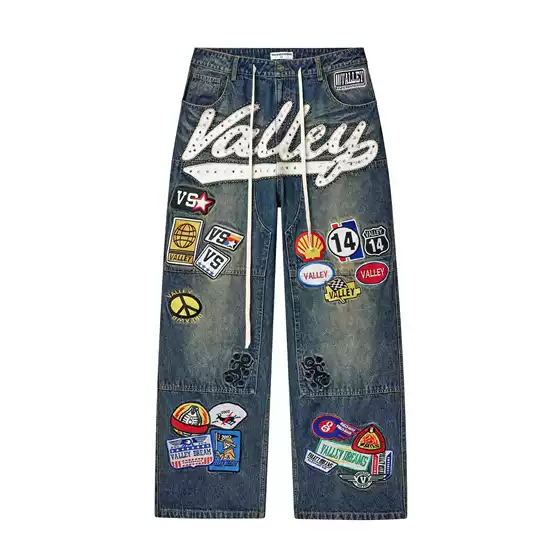 European and American Cross-Border Patchwork Beaded Appliqué Jeans for Men, Trendy Brand, Aliexpress Foreign Trade, Drawstring Loose Denim Pants
