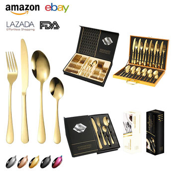 Amazon 1010 stainless steel tableware 24-piece western knife, fork and spoon gift box suit golden stainless steel tableware