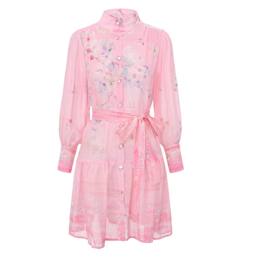 Vintage Floral Print Lantern Sleeve Dress for Women Summer Slim Fit Ruffled Hem A Line Silhouette Casual Wear