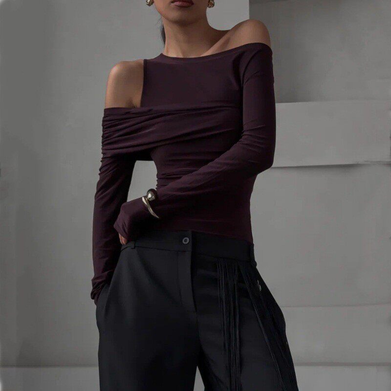 Slim Fit Long Sleeve Knit Top Solid Color Asymmetrical Neckline Versatile Style Spring Womens Fashion Wholesale