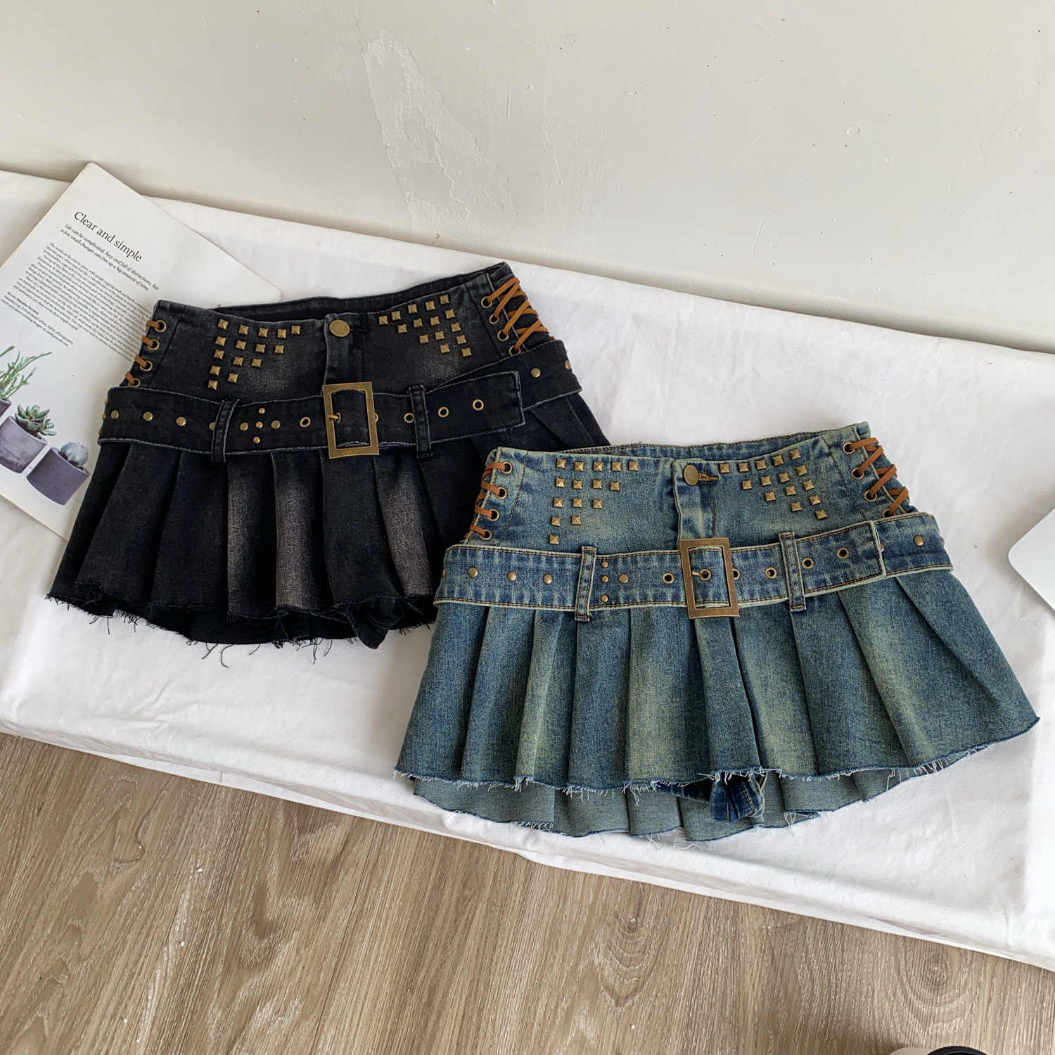 High Waisted Denim Mini Skirt Vintage Style Pleated Design Studded Details Trendy for Casual Outings Wholesale