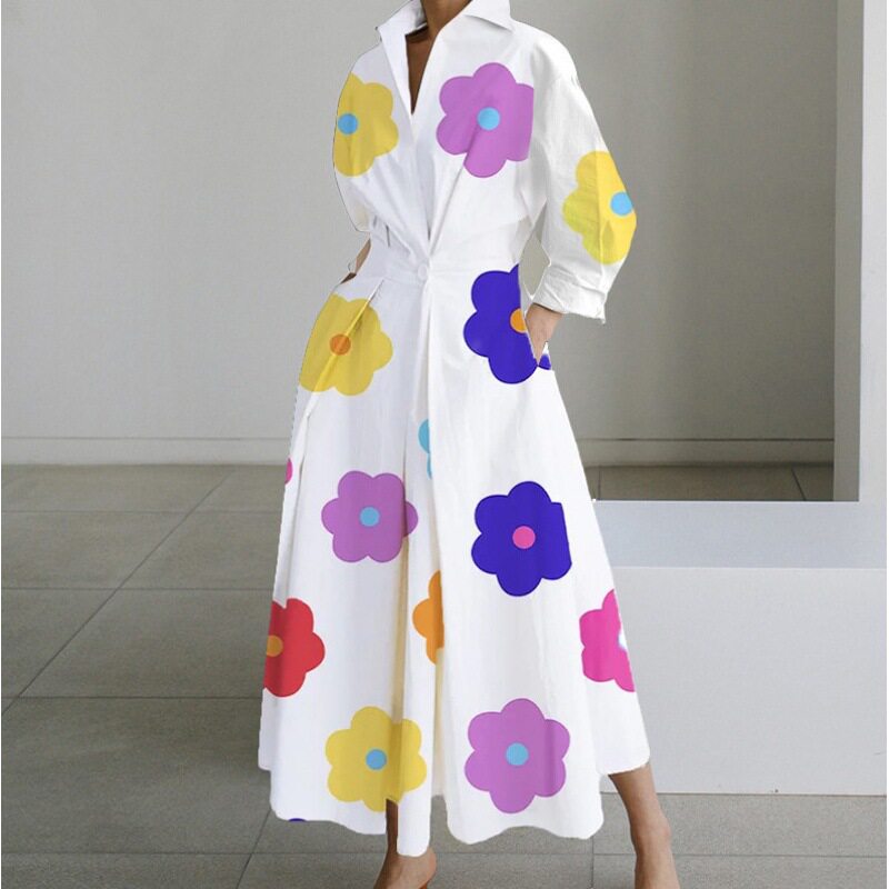 Plus Size Fashionable Polo Collar Dress Loose Fit Three Quarter Sleeves Flared Hem Ideal for Commuting Wholesale