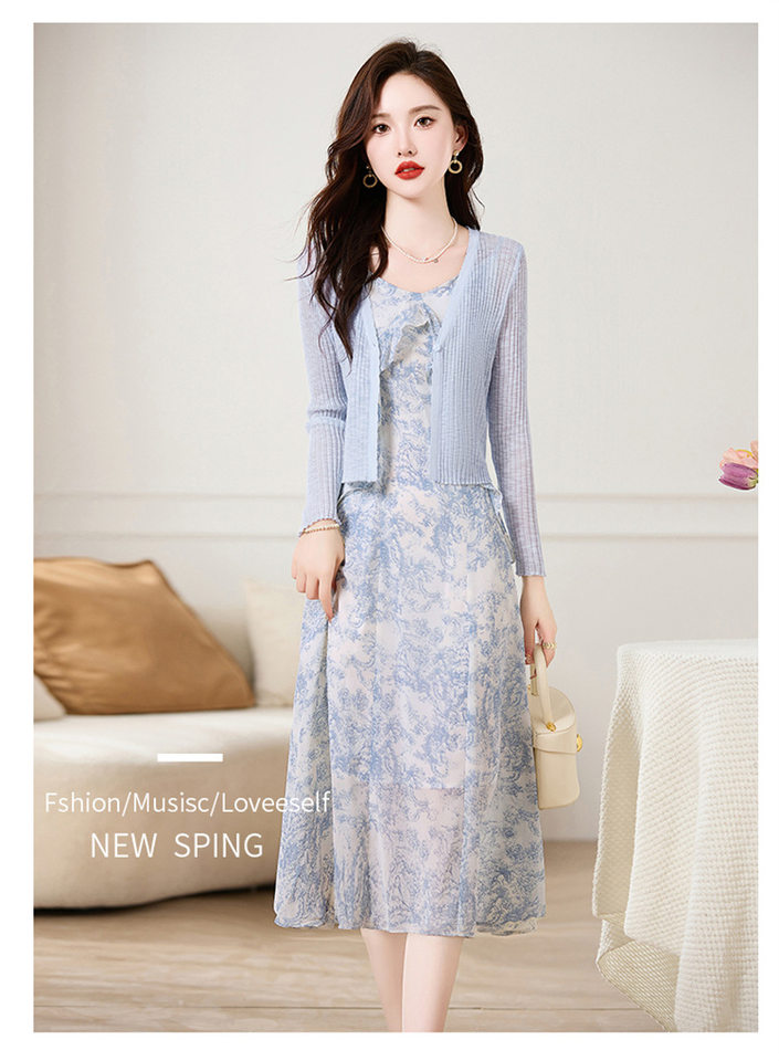 Set Áo Khoác Cardigan Dệt Kim Và Đầm Hai Dây Xòe Họa Tiết Hoa Phong Cách Thanh Lịch Màu Hồng, Xanh chi tiết 19