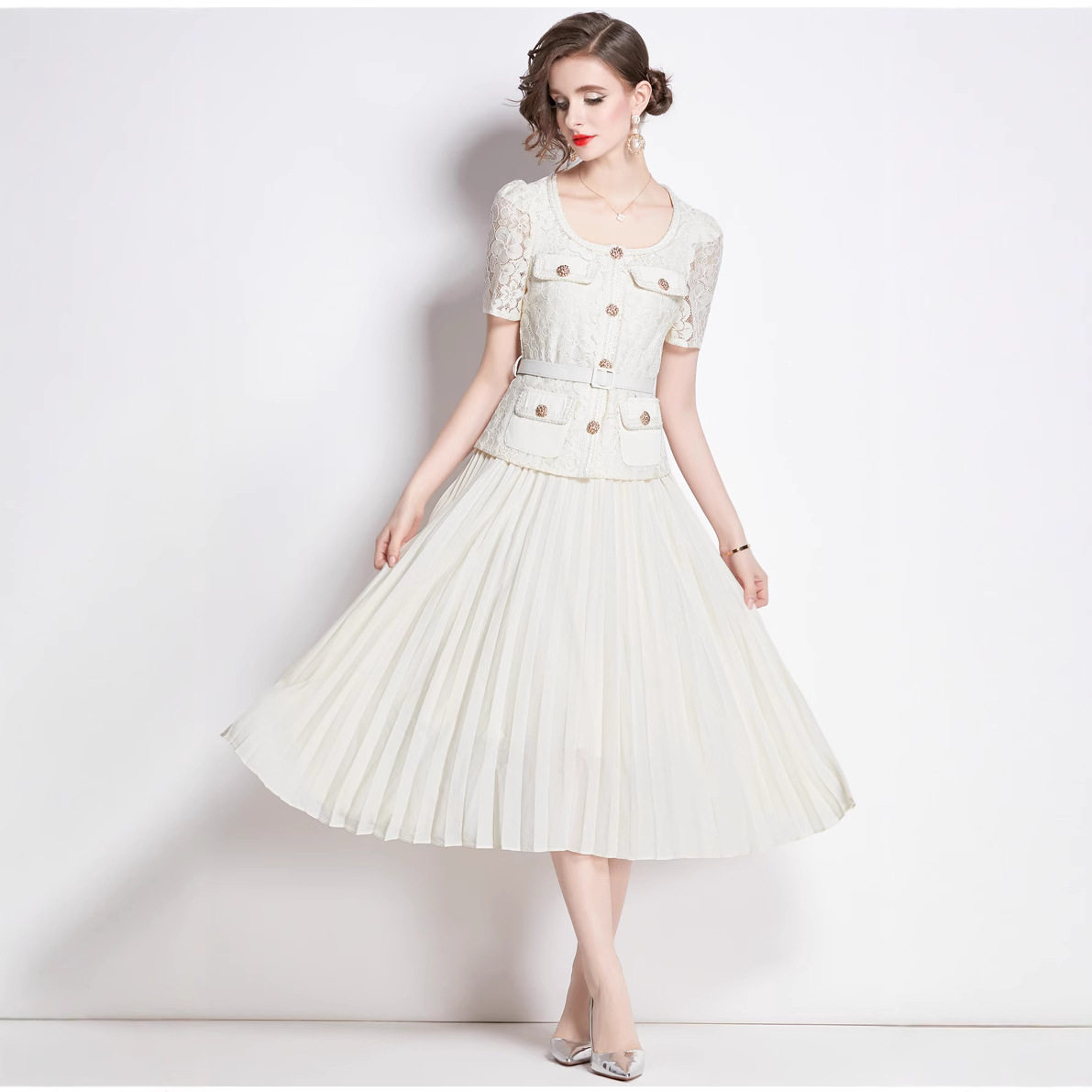 French Style Elegant Womens Dress High End Lace Trimmed Pleated Long Skirt Perfect for Formal Events Wholesale