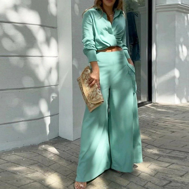 Womens Spring Casual Set Loose Fit Solid Color Top and Long Pants Perfect for Everyday Wear Wholesale Available