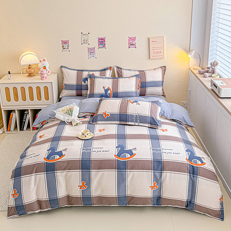 Small Fresh Thickeneded Brushed Four-Piece Set Simple Pure Cotton Bed Bed Sheets Quilt Cover Dormitory Cartoon Three-Piece Set Single Quilt Cover Wholesale