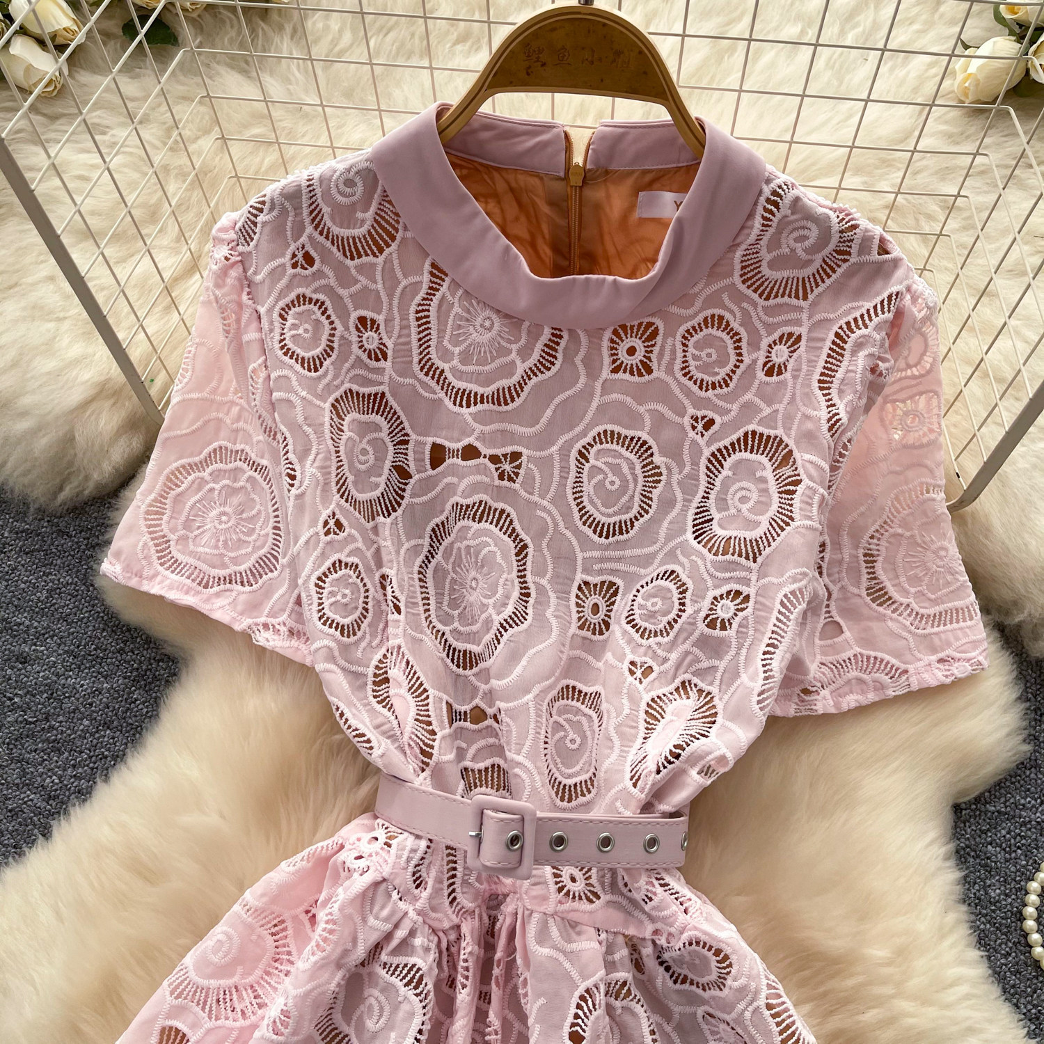 Pink Lace Hollow Out Dress for Women Summer Slim Fit A Line Elegant Style Perfect for Work or Casual Occasions