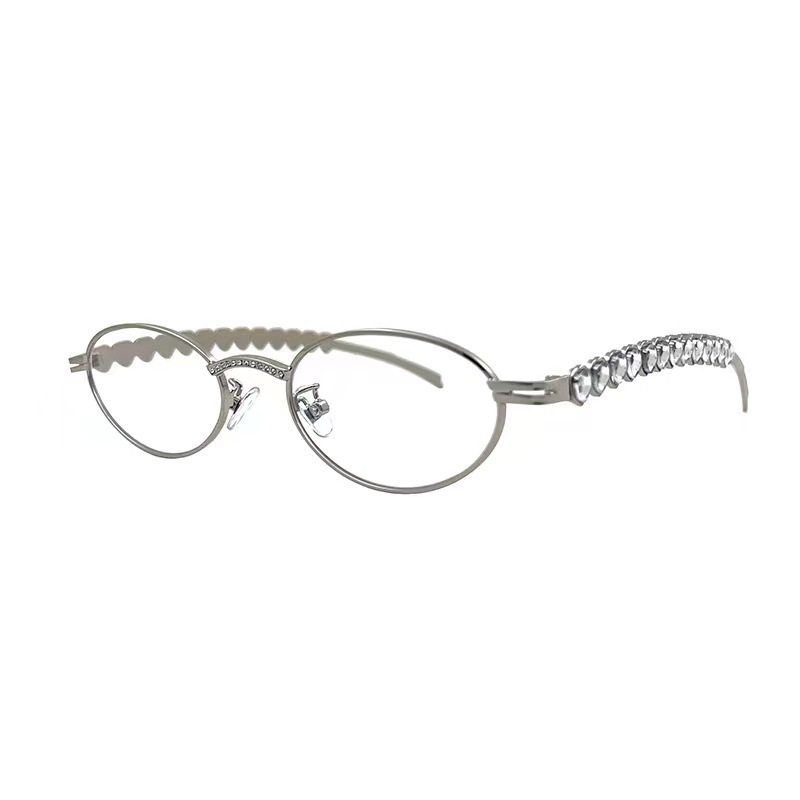 Pure Elliptical Glasses Frame Pearl Diamond Small Face Small Frame Flat Glasses Advanced Sense Plain Glasses Frame Can be Equipted with Myopia