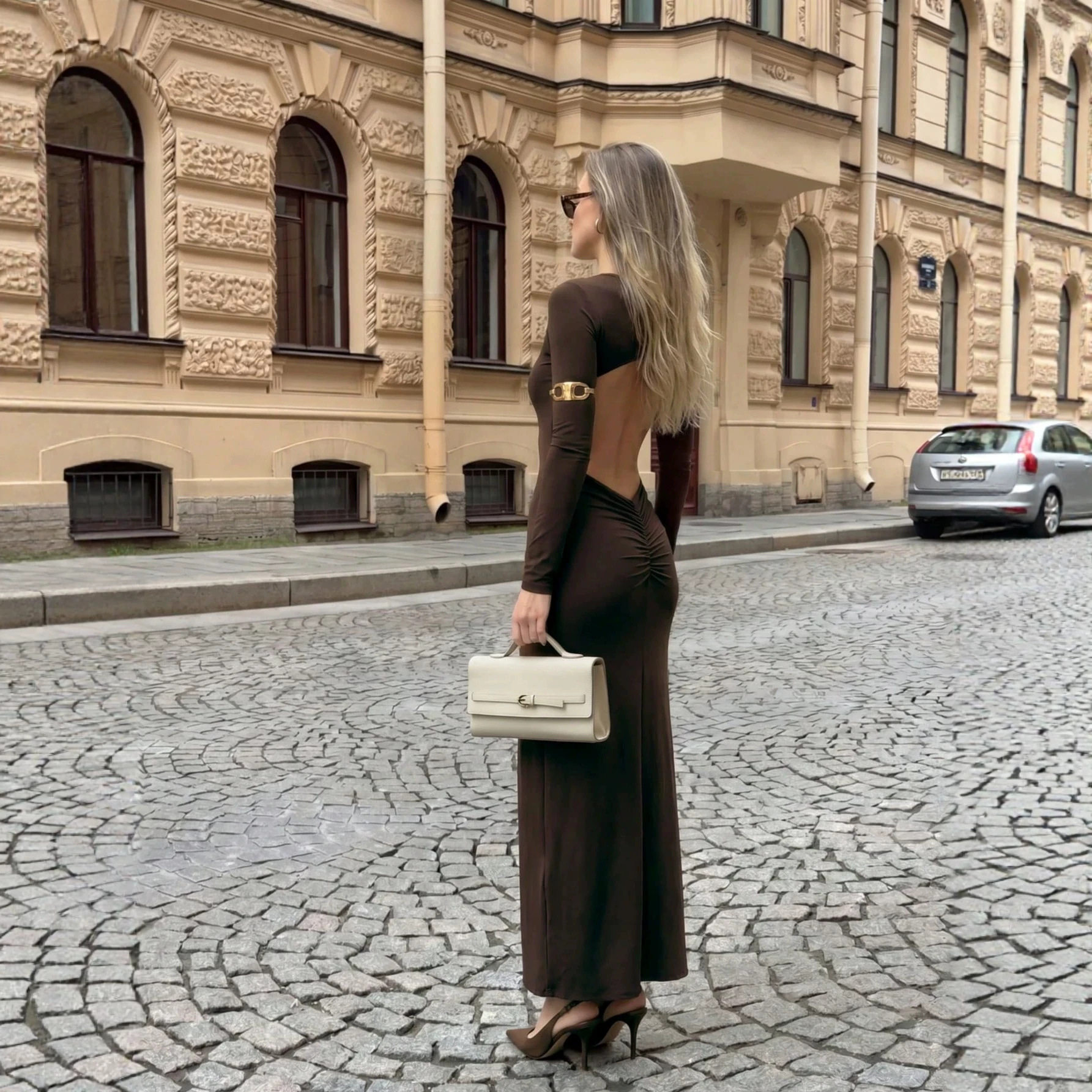 Long Sleeve Backless Maxi Dress Metal Buckle Ruched Bodycon Fit Sexy Style Perfect for Evening Events Wholesale
