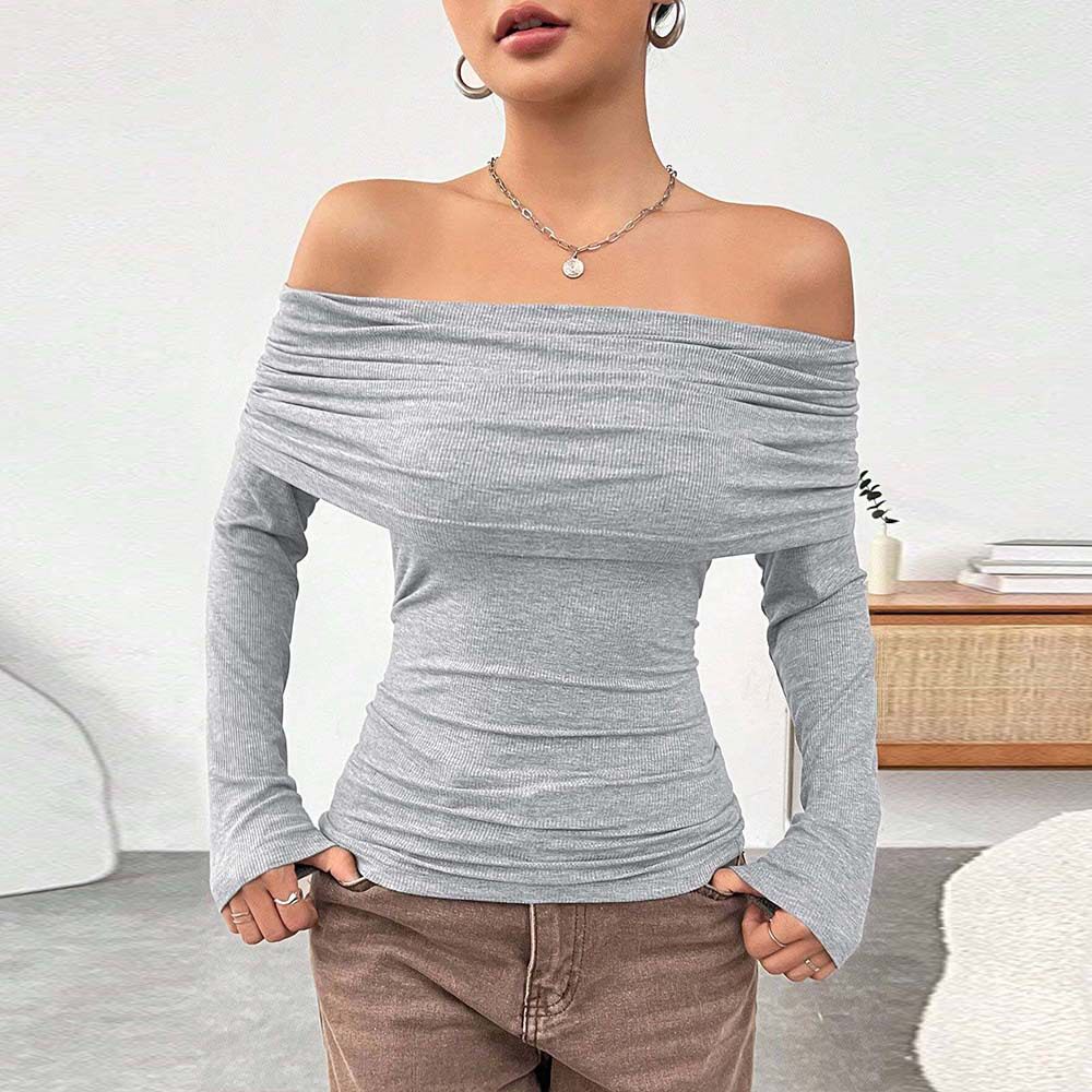 Womens Knit Long Sleeve Top Off Shoulder Slim Fit Fashionable Design Autumn Winter Style Wholesale Available
