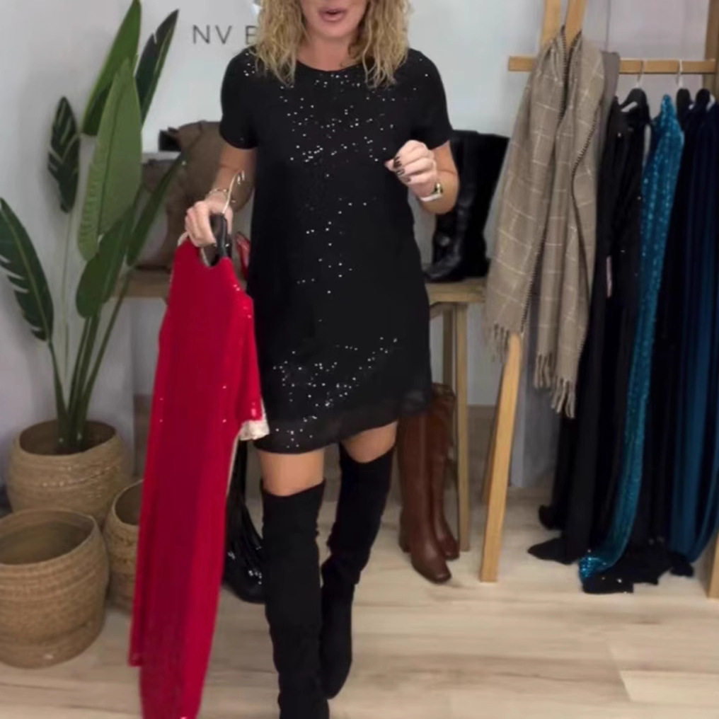 Elegant Sequin Short Sleeve Dress Round Neck Autumn Winter Style Perfect for Parties Wholesale Available