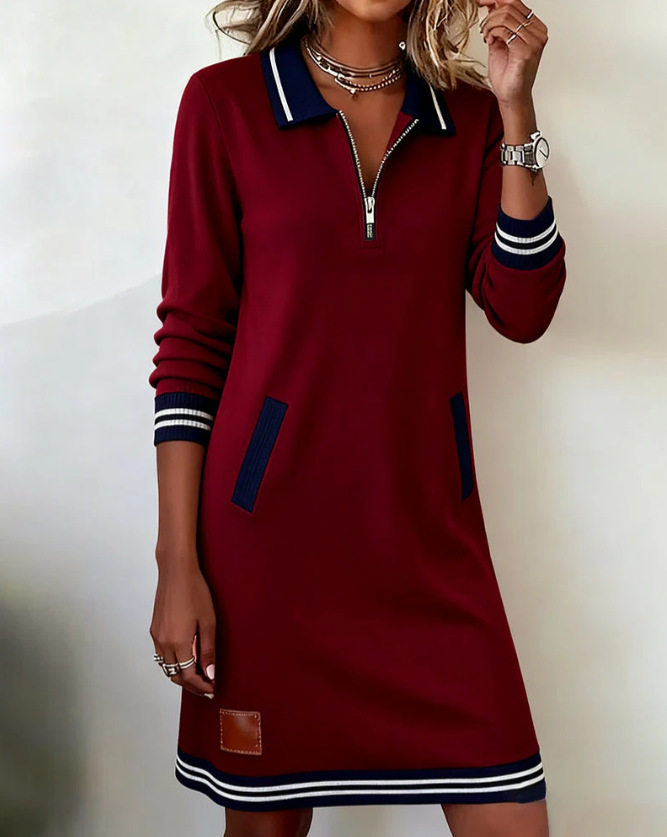 Color Block Long Sleeve Dress Fashionable Lapel Zipper Closure Pocket Design Autumn Collection for Women Wholesale