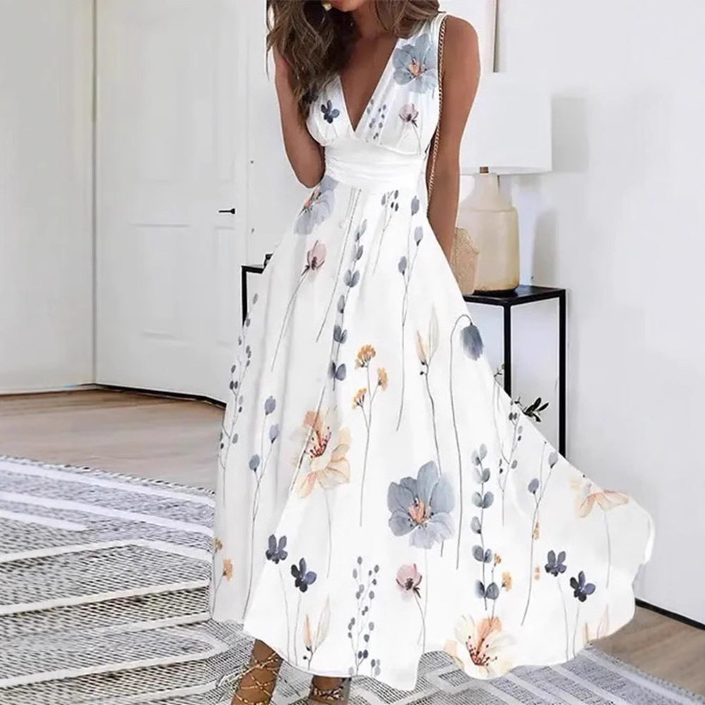 V Neck High Waisted Sleeveless Floral Dress Elegant Summer Style Perfect for Parties and Casual Outings Wholesale