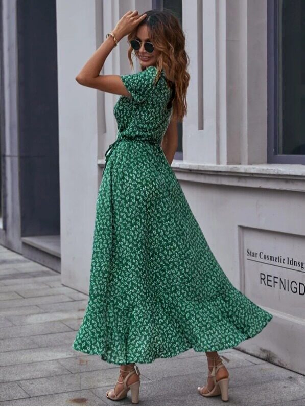 Floral Print V Neck Short Sleeve Wrap Dress Casual Elegant Comfortable Perfect for Parties and Gatherings Wholesale