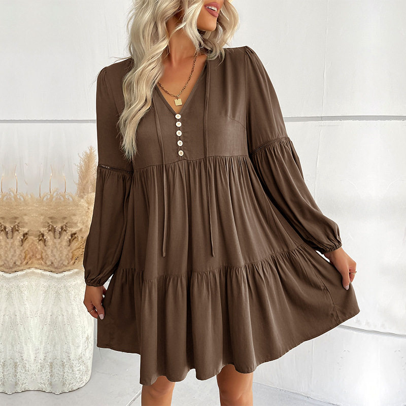 Short Loose V Neck Dress Wrinkled Design Solid Color Minimalist Style Autumn Fashion Wholesale Available