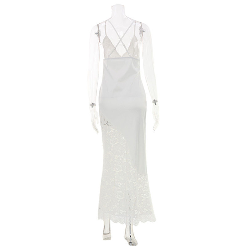 Elegant French Style Lace Trimmed V Neck Cami Dress Hollow Out Sexy Back Adjustable Straps Evening Gown for Special