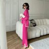 2023 New Fashion suit elegant contrast color split long sleeve sweater high waist slimming wide leg trousers two-piece set