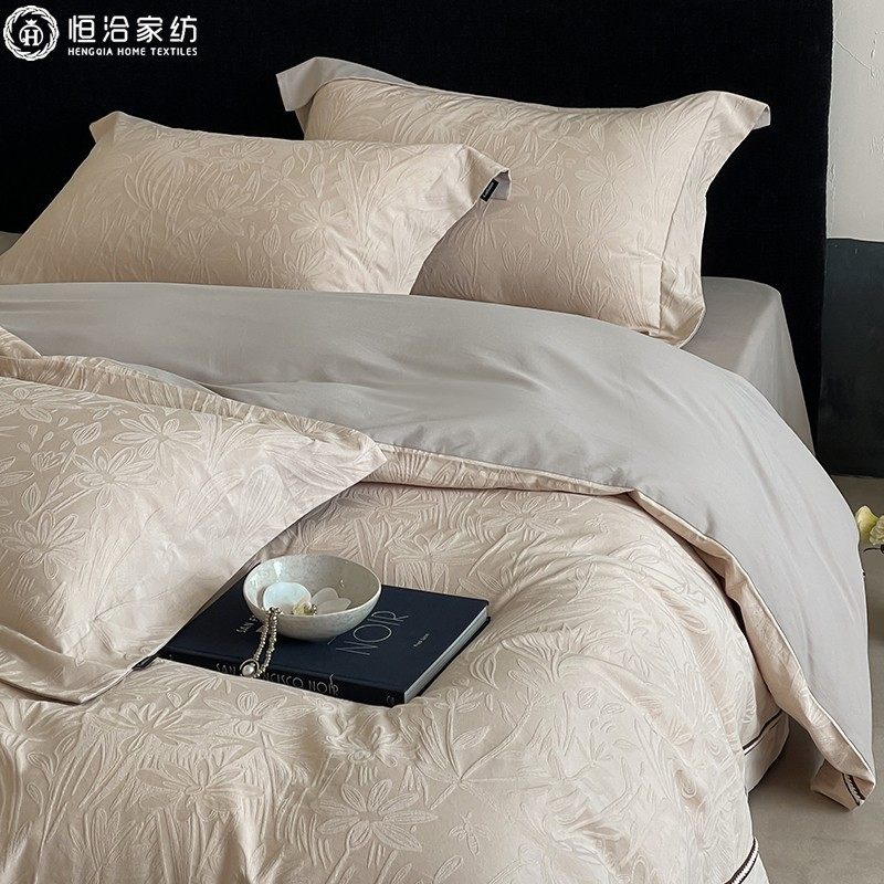 Retro Style Autumn and Winter Cotton Brushed Four-Piece Set Thickeneded Textured Jacquard Pure Cotton Quilt Cover Bedding Beige Pink