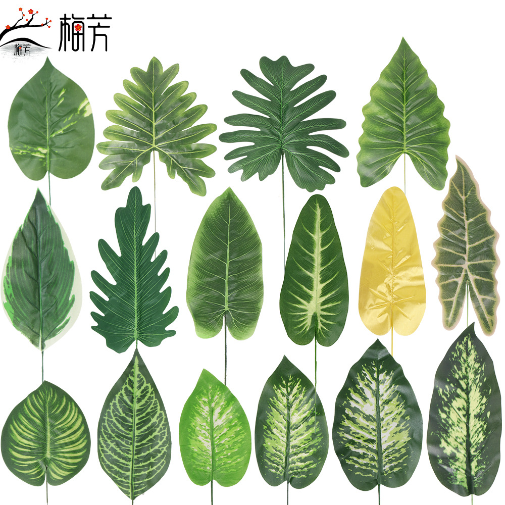 จำลองพืชเทียมใบเดี่ยวสีเขียวใบฤดูใบไม้ผลิฝนใบพุทธรักษาสไตล์บ...