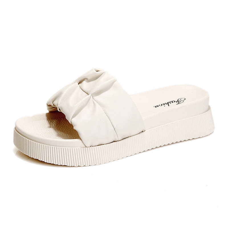 2025 Summer Korean Style Flat Sandals for Outdoor Wear, Open-Toe Pleated Slip-On Thick-Soled Soft-Soled Slippers for Women, Non-Slip Soft Soles