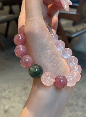 天然粉水晶手链紫马粉绿发果冻粉轻奢大珠子粉红色桃花女手串