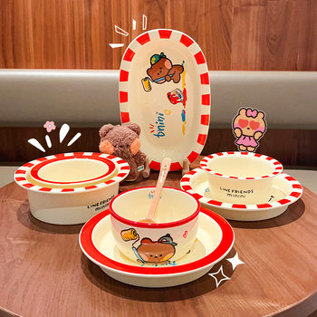 Minini Brown Bear Rice Bowl Ceramic Tableware Set Household New Cute Kidsren's Soup Bowl Plate Large Capacity
