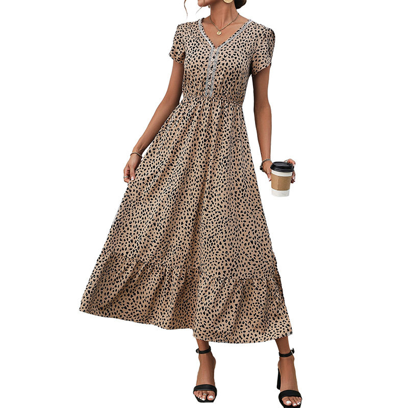 Elegant Leopard Print Maxi Dress with Lace Trim V Neck Flowy Silhouette Versatile Style Perfect for Parties or Casual